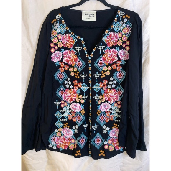 Savannah Jane Tops - Savannah Jane Black Colorful Flower Embroidered Pattern Blouse Size 2X